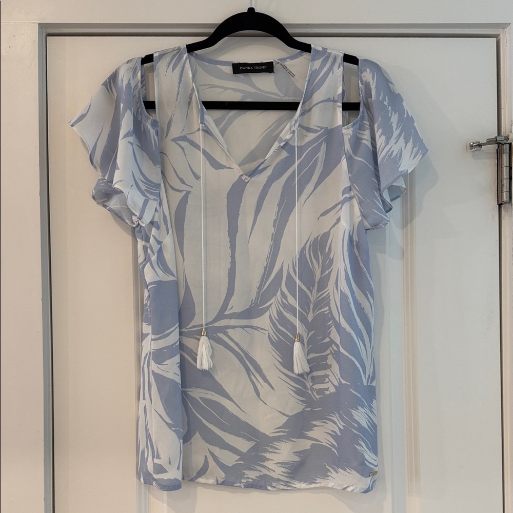 Ivanka Trump Light Blue and White Leaf Print Cold Shoulder Blouse